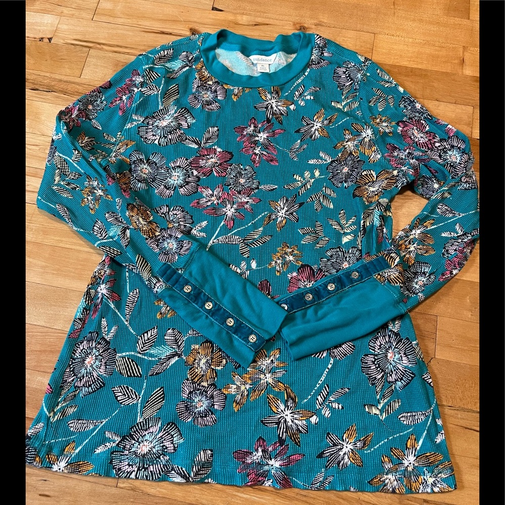 SUNDANCE THERMAL WAFFLE KNIT SHIRT TOP SZ XL VELVET BUTTON TRIM FLORAL WORN 2x